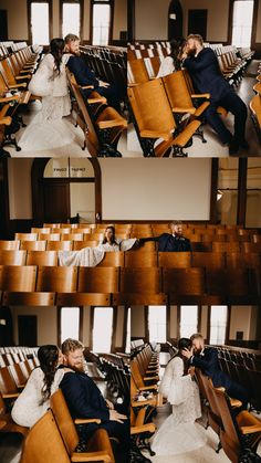 the bride and groom are sitting in chairs