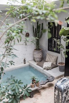 an outdoor hot tub surrounded by greenery and potted plants