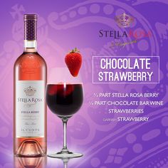 a bottle of chocolate strawberry wine next to a glass filled with liquid and a strawberries