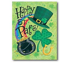 a st patrick's day card with shamrocks and a hat