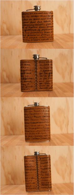 three different images of a wooden box with writing on it