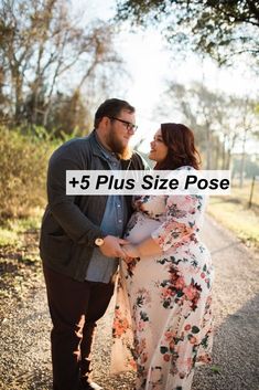 a man and woman standing next to each other with the words 5 plus size pose