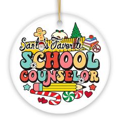 a round ornament with the words school counselor and candy canes on it