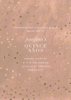 a pink and gold wedding card with confetti on it