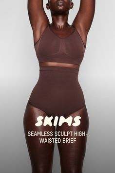 Shape your curves and feel supported in this stretchy shapewear high waisted brief with strong targeted compression at the tummy and waist, butt-shaping pockets, and a silicone interior underband that keeps it from rolling down. Hits right below the bust and features a wider crotch for added coverage and a cotton gusset. Fits true to size. | SKIMS High-Waisted Brief | Deep Neutral | Small | Seamless Sculpt High Waisted Briefs, Shapewear, Cocoa, Lounge Wear, High Waisted, How To Wear