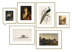 several paintings and pictures are arranged in gold frames