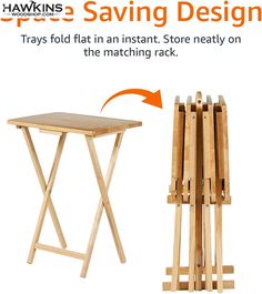 a wooden folding table next to an easel with text saying saving design trays fold in an instant store neatly on the matching rack