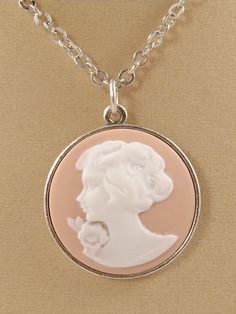 White Powder Pink Lady Girl Cameo Round Minimalist Pendant Necklace Jewelry Gift Vintage Round Pendant Charm Necklace, Rose Gold Charm Necklaces For Bridesmaids, Feminine Necklaces For Bridesmaid Gift, Elegant Pink Round Charm Necklace, Elegant Pink Round Charm Necklaces, White Charm Necklaces For Bridesmaid Gift, Round Charm Necklaces For Bridesmaids, Delicate Nickel-free Charm Necklace, Elegant Nickel-free Necklaces For Bridesmaid Gift