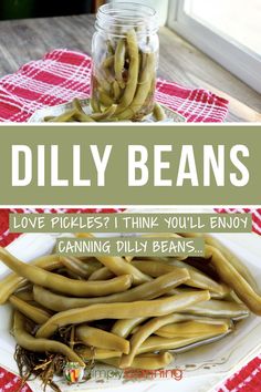 there is a jar full of beans on the table with text overlay that reads, dilly beans love pickles i think you'll enjoy canning