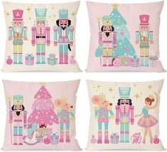 four pillows with cartoon characters on them in pink, blue and green colors are shown