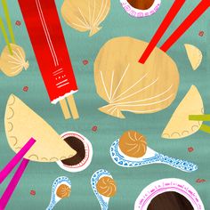 an image of various food items on a blue background with red and yellow chopsticks