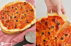 two pictures one with a slice of pizza and the other with olives on it