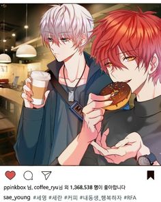 two anime characters holding drinks and a donut in front of an instagram post