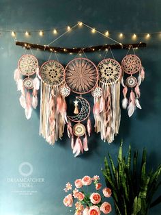 a wall hanging with dream catchers and lights on it next to a potted plant