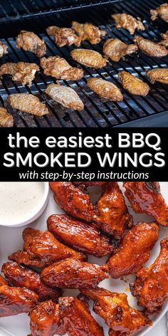 bbq chicken wings on a plate with ranch dressing in the background and text overlay that reads, the easier bbq smoked wings with step - by - step instructions