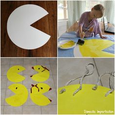 four different pictures with yellow and white paper cut out to look like ducks on the floor