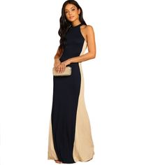 Swerve Halter Two-tone Evening Dress - Uniqistic.com Formal Fitted Long Halter Dress, Elegant Stretch Halter Dress For Evening, Fitted Halter Neck Maxi Dress For Prom, Fitted Halter Neck Maxi Dress For Prom Season, Fitted Floor-length Halter Dress For Evening, Fitted Floor-length Halter Evening Dress, Elegant Stretch Halter Dress For Gala, Elegant Floor-length Evening Halter Dress, Fitted Full-length Maxi Dress With Sweep Train