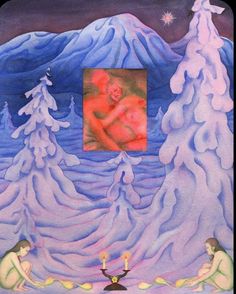 a painting of two people sitting in front of snow covered trees with a man and woman on the other side