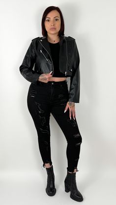 Crop structured vegan leather jacket Must have in your moto jacket collection! Take our word on this one Fit: True to size Model is: Height: 5’8” Waist: 32” Hips: 42” Chest: 36.5” (34C) Wearing size Large Model is: Height: 5'6" Waist: 25” Hips: 31.5" Chest: 32A Wearing size Small Material: 100% Polyurethane ITSY524 Trendy Faux Leather Biker Jacket For Streetwear, Fitted Faux Leather Biker Jacket In Edgy Style, Fitted Faux Leather Biker Jacket, Edgy Fitted Faux Leather Biker Jacket, Edgy Leather Cropped Jacket, Edgy Faux Leather Biker Jacket For Fall, Jacket Collection, Jewelry Words, Vegan Leather Jacket