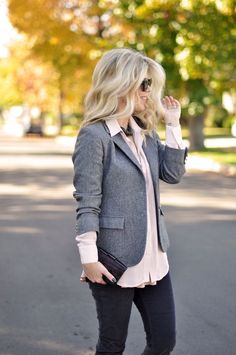 Grey Blazer Outfit, Gray Blazer, Professional Attire, Work Looks, Peachy Pink, Professional Outfits, Business Casual Outfits, Pink Blouse