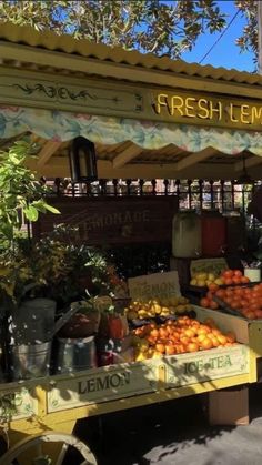 fresh lemons and oranges are on display at the fruit stand in an outdoor market