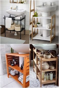 four different types of bathroom storage and organization