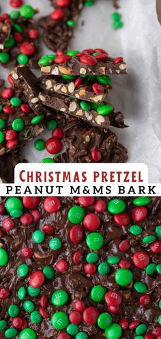 christmas pretzel peanut and m & ms bark on a white plate with green and red candies