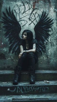 a woman with black hair and wings sitting on steps in front of a graffiti covered wall