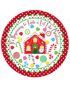 a red and green christmas plate with candy canes, candies and a house on it