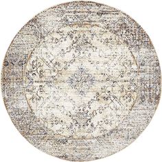 a round rug with an ornate design on the top and bottom in grey, beige and white colors