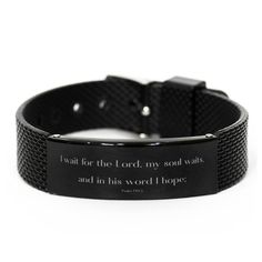 Meaningful black engraved stainless steel bracelet for Bible Verses. This is a special gift for Bible Verses, who can take it wherever they go. This lovely message-engraved bracelet is perfect for husbands, sons, or boyfriends. Durable and fashionable, this makes for the perfect fashion accessor Product Features - Handmade Engraved Bracelet for Bible Verses. - It's an ideal gift idea for many occasions, such as Valentine's Day, Fathers' Day, Thanksgiving, Christmas, birthdays, or anniversaries. Metal Bracelet With Black Band As Gift, Metal Jewelry With Black Band For Gift, Father's Day Black Stainless Steel Wristband, Black Laser Engraved Jewelry For Father's Day, Black Jewelry With Engraving Option For Father's Day, Father's Day Black Metal Jewelry, Father's Day Black Laser Engraved Jewelry, Black Engraved Spiritual Bracelets, Spiritual Black Engraved Bracelets