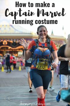 a woman running in a costume with the words how to make a captain marvel running costume