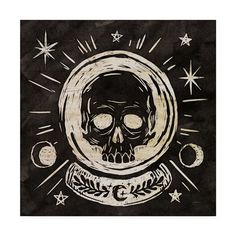 a black and white drawing of a skull with stars on it's head, surrounded by other objects