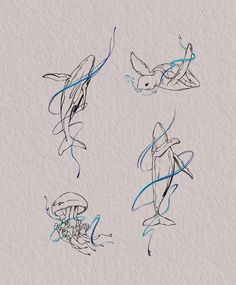 four drawings of different types of animals in blue and black ink on white paper,