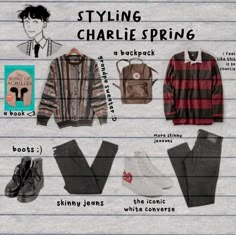 an image of clothes and shoes that are in the style of charlie spring, with text describing