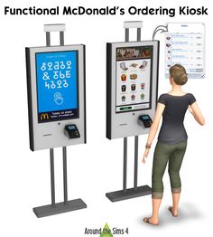 a woman standing in front of a mcdonald's ordering kiosk with the menu on it