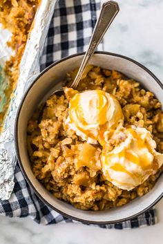 a bowl filled with oatmeal and ice cream