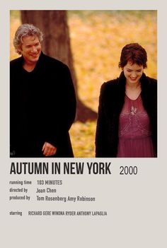 an advertisement for autumn in new york with two people standing next to each other and smiling