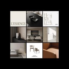 a collage of photos with furniture and interior design elements in black and white colors