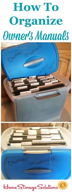 the instructions for how to organize an old, blue box with drawers on top and bottom