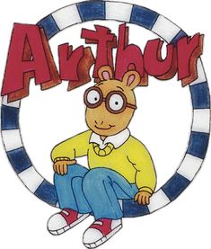 a cartoon character sitting on top of a blue and white circle with the word arthouse