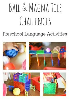 the cover of ball and magnana tile challenges for preschool language activities with pictures of toys