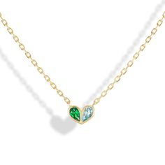 A modern take on a heart design, the sweetheart necklace is the perfect personalized style. Customize with your favorite color or gemstones of your choice. Available in 18K Yellow Gold Gemstone weight = approx. 0.20 carats each Pendant = 9 x 6.5mm Diamond =F-G+ SI1+ Chain length = 16in Colored stones are natural and co Art Jewelry Design, Emerald Blue, Colored Stones, Classy Jewelry, Minimal Jewelry, Stone Heart, Pendant Design, Fine Jewellery Necklace, Silver Pendant Necklace