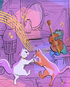 two cats playing with each other in front of musical instruments