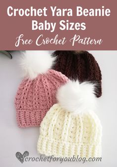 three crochet beanies with pom - poms on top and the text,