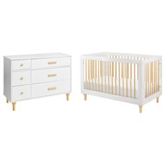 two white cribs with gold handles next to each other on a white background