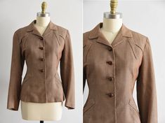 "Vintage 1940s wool blazer. Rust and black colorway. Double pointed collar, longer sleeves, and v appliques at sides and top bodice. Seamed back. Plastic faux leather buttons closure. Lined in chestnut rayon.  State of garment | very good, light overall wear.  Measurements ✂--- Best fit | Large / Extra Large  Bust | up to 40\" Shoulders | 16.5\" Shoulder to waist | not specified  Sleeves | 23.5\" Waist | 33\" Total length | 25\" Tag | union made tag only  ★★Visit The Shop★★ http://www.etsy.com/s Flower Power Dress, Rust And Black, Lady Style, Womens Business Casual, Union Made, Womens Blazers, Celebrity Dresses