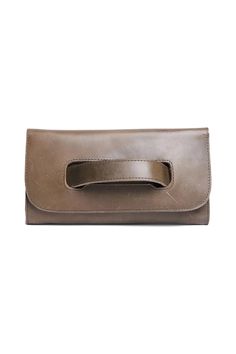 a women's brown leather purse with a metal handle on the front and side