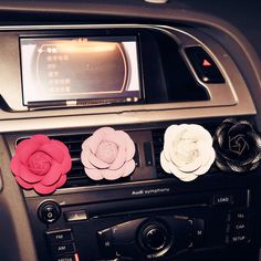 there are three flowers on the radio in this car