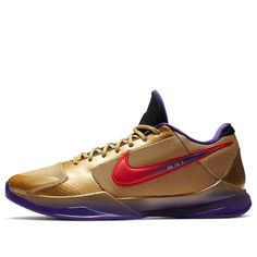 Introducing the Nike Kobe 5 Protro ‘Hall of Fame’, a sneaker that celebrates Kobe Bryant’s induction into the Naismith Memorial Basketball Hall of Fame. This special edition sneaker features a metallic gold finish on the upper, with breathable mesh and snakeskin-textured leather overlays. The right shoe has a purple Swoosh, while the left shoe features a mismatched pink Swoosh inscribed with the numbers 24, 10 and 8 - representing the jersey numbers that Kobe wore during his time with the Lakers and Team USA. Additional mismatched branding lands on the tongue and heel, both featuring Kobe’s personal trademark and Undefeated’s Five Strikes logo. Nike Gold High-top Custom Sneakers, Gold Basketball Shoes With Boost Midsole, Gold Basketball Shoes With Boost Midsole For Sports, Nike Gold Leather Custom Sneakers, Gold Nike Leather Custom Sneakers, Gold Sports Sneakers With Rubber Sole, Gold Sporty Basketball Shoes, Gold Sneakers With Rubber Sole For Sports, Gold Leather Nike Custom Sneakers